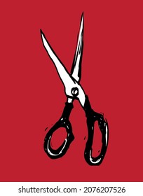 Hand-Zeichnen-Nähschere auf rotem Hintergrund
