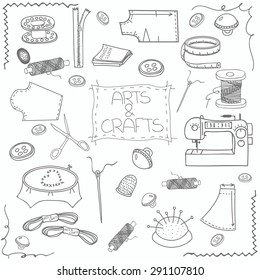 Hand drawn sewing set, sewing collection illustration, supplies and accessories for sewing on light background. Vector sewing equipment, arts and crafts