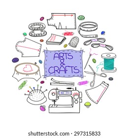 Hand drawn sewing set, sewing collection illustration, supplies and accessories for sewing on light background. Vector sewing equipment, arts and crafts