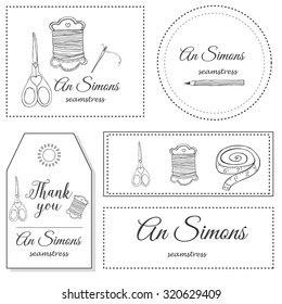 Hand drawn sewing set Identity logo design elements. Retro style