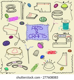 Hand drawn sewing set, supplies and accessories for sewing on light background. Vector sewing equipment, arts and crafts