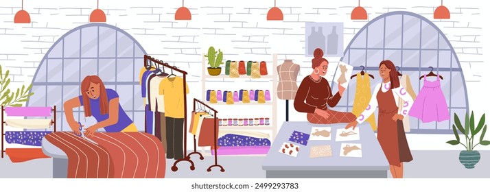 Hand drawn sewing studio, measures for sewing composition, product sewing space, creative space, loft with windows, hand drawn, vector.
