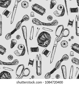 Hand drawn sewing tools seamless pattern. Spool of thread, needle, measuring tape, buttons, thimble, pincushion with colorful pins. Pattern for luxury textiles, paper, Wallpaper.