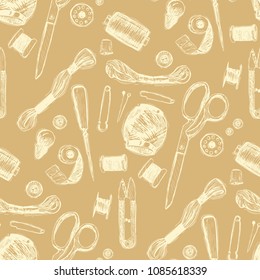 Hand drawn sewing tools seamless pattern. Spool of thread, needle, measuring tape, buttons, thimble, pincushion with colorful pins. Pattern for luxury textiles, paper, Wallpaper.