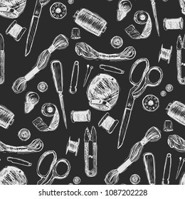 Hand drawn sewing tools seamless pattern. Spool of thread, needle, measuring tape, buttons, thimble, pincushion with colorful pins. Pattern for luxury textiles, paper, Wallpaper.
