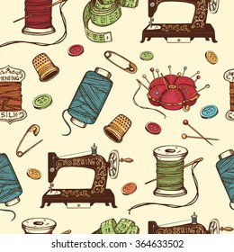 Hand drawn sewing tools seamless pattern. Spool of thread, needle, measuring tape, buttons, thimble, pincushion with colorful pins, sewing machine