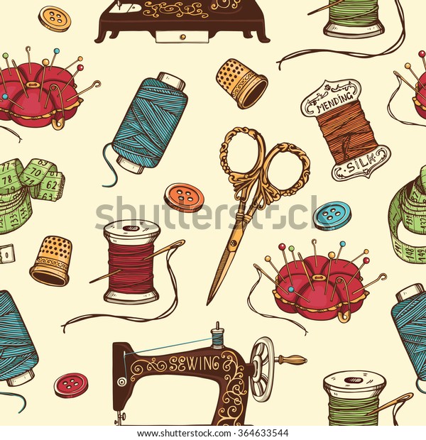 Hand Drawn Sewing Tools Seamless Pattern Stock Vector (Royalty Free ...