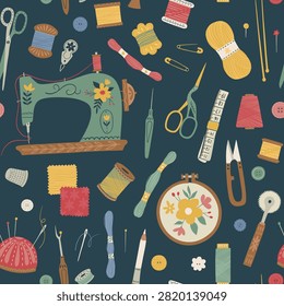 Hand drawn sewing tools and supplies with vintage sewing machine, embroidery hoop, scissors, threads, buttons, needles and notions. Cozy craft themed vector illustration on dark blue.
