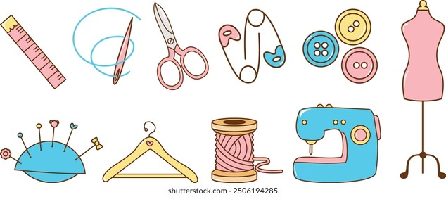 Hand Drawn Sewing Tools Vector Art
