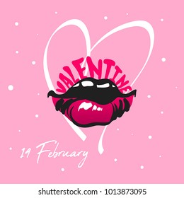 Hand drawn sexy lips with text. Valentines Day card. Vector illustration.