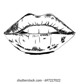 Hand drawn sexy lips. Vector illustration white isolated