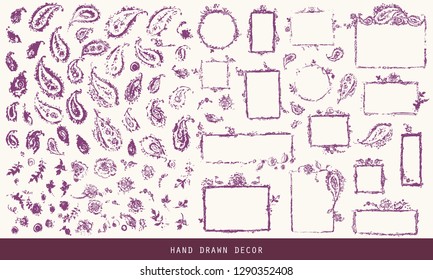 Hand drawn shabby vintage frames and oriental paisley elements, flowers and leaves. Round, square and rectangle shapes in purple color. Artistic design elements set boho style.