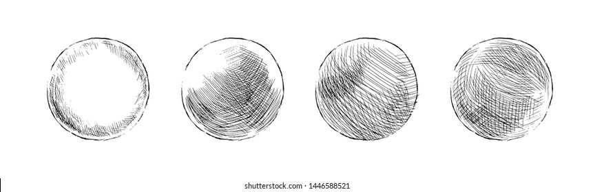 Hand Drawn Shaded Spheres. Simple Black Pen And Ink Doodle Sketches Of Circles With Different Types Of Shading Texture. Shading Tutorial, Hand Sketch Design Elements. Vector Illustration.