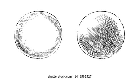 Hand Drawn Shaded Spheres. Simple Black Pen And Ink Doodle Sketches Of Circles With Different Types Of Shading Texture. Shading Tutorial, Hand Sketch Design Elements. Vector Illustration.