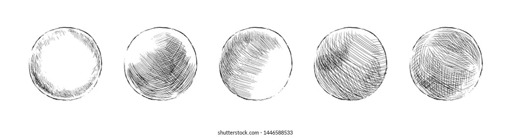 Hand drawn shaded spheres. Simple black pen and ink doodle sketches of circles with different types of shading texture. Shading tutorial, hand sketch design elements. Vector illustration.