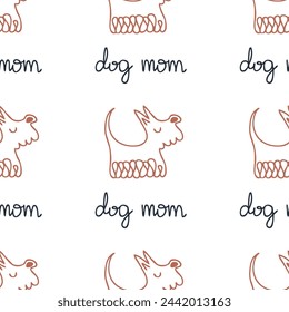 Hand drawn shaggy puppy with text dog mom seamless pattern. Perfect print for tee, paper, textile and fabric. Doodle vector illustration.