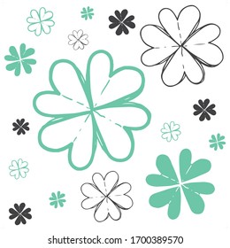 hand drawn shamrock clover leaves, green , black and white four leaf clovers. vector illustration. pattern design. lucky and success symbols