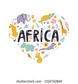 Hand drawn shape heart with animals and decorative elements, flowers. Travel greeting card, print for t-shirts