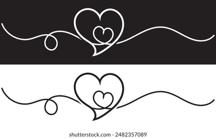 Forma dibujada a mano corazón con linda línea de dibujo, forma divisoria. Doodle del amor aislado en el fondo blanco y negro para la boda, madre, mujer o día de San Valentín. Ilustración vectorial. EPS 10
