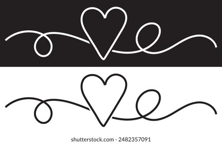 Hand drawn shape heart with cute sketch line, divider shape. Love doodle isolated on white and black background for wedding, mother, woman or valentines day. Vector illustration. EPS 10
