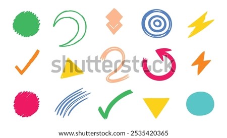 Hand drawn shape right sign, doodle circle, triangle shape flat vector illustration on white background.