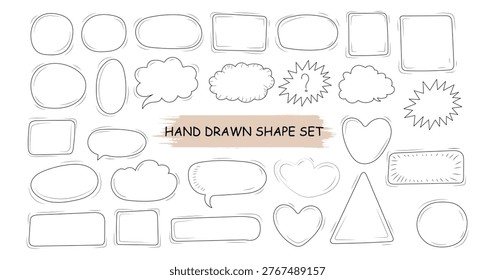 Hand Drawn Shape Set with Speech Bubbles, Frames, Hearts and Decorative Elements.Talk clouds sketch frames. Speech thought Balloon shapes. Sketch Style Decorative Shapes Set with Comic Bubbles. Vector Illustration