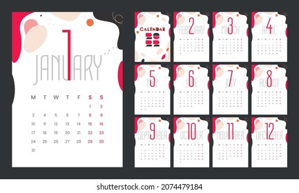 Der handgezeichnete Wandkalender 2022 Wochen beginnt am Montag mit geometrischen Formen, Vektorgrafik