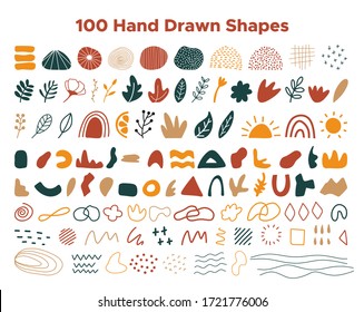 Hand drawn shapes collection, isolated contemporary art doodles, bundle of flowers, swirls and dots leaves. Linocut stamp shapes, abstraction generator. colorful blot. Trendy motley illustration