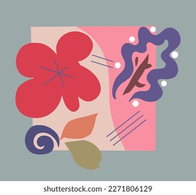 Formas dibujadas a mano y elementos de diseño de garabatos. Hojas exóticas, flores y plantas. Resumen de la moderna y moderna ilustración vectorial de moda contemporánea para afiches, scrapbooking, artículos en instagram, pegatinas