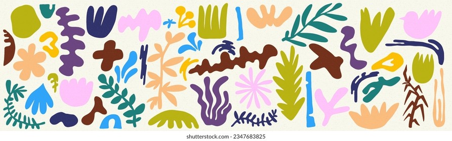 Hand drawn shapes and doodle design colored elements. Big set of exotic jungle leaves, flowers and plants. Art abstract contemporary modern trendy vector. Perfect for posters, instagram, stickers.