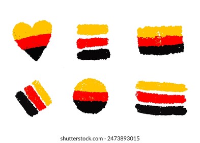 Hand drawn shapes with German flag colours. Heart, rectangle, circle, and stripe on a white background. National flag theme for design and print.