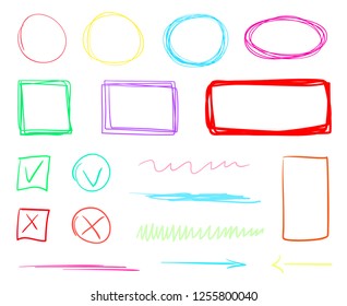 Hand drawn shapes on isolated white background. Abstract signs with hatching. Wavy tangled backdrops. Colorful illustration. Elements for posters and flyers