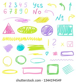 Hand drawn shapes on isolated white background. Abstract geometric patterns. Wavy tangled backdrops. Colorful illustration. Elements for posters and flyers