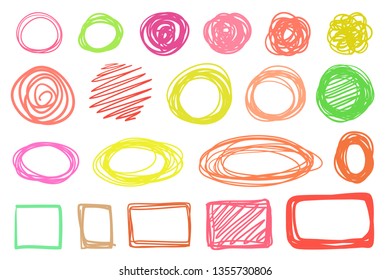 Hand drawn shapes on isolated white background. Abstract geometric signs. Wavy tangled backdrops. Colorful illustration. Sketchy elements for posters and flyers