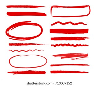 Hand drawn shapes oval, circles and dividers. Scribble red pictures. Vector doodle set