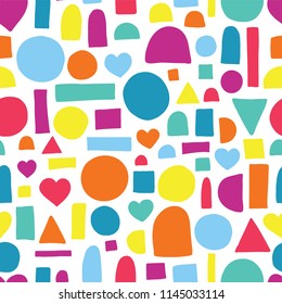 Hand drawn shapes seamless vector pattern. Hearts, circles, half circles, rectangles. Blue, pink, yellow, and orange abstract shapes on a white background. Kids birthday party invitation card.