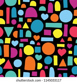 Hand drawn shapes seamless vector pattern. Hearts, circles, half circles, rectangles, and squares pattern. Blue, pink, yellow, and orange abstract shapes on a black background.
