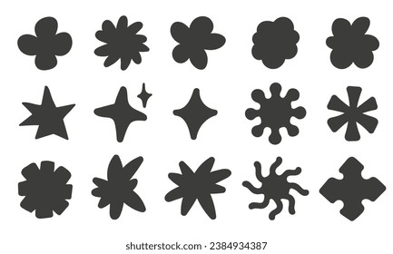Hand drawn shapes set. Doodle brutalist forms collection. Black color stars and flowers