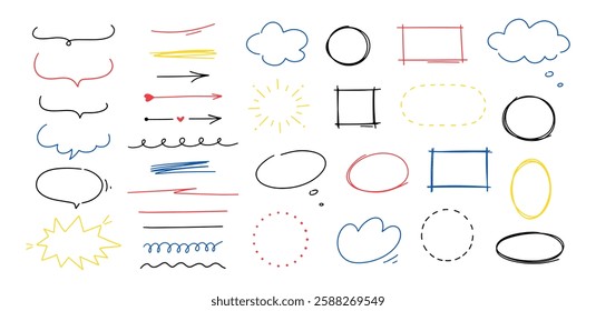 Hand drawn shapes, speech bubble, arrows and underlines. Doodle sketch line frames and elements. Scribble line strokes vector set.