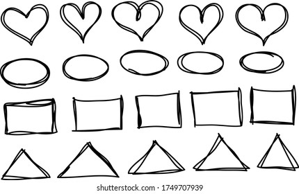 Formas dibujadas a mano formas vectoriales. Círculos, triángulos, corazón, ilustración de conjunto de paletas dibujada por la mano ovalada.