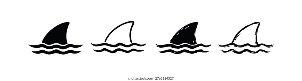 Hand Drawn Shark Fin and Waves Icon Set. Ocean Danger Symbol Silhouettes and Outlines.