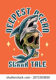 Hand drawn shark and skull illustration vector