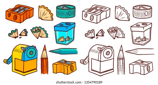 Hand Drawn Sharpener icon set. Doodle set of sharpener vector icons for web design isolated on white background