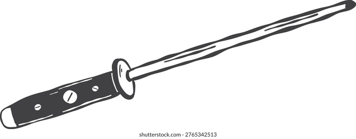 Hand drawn sharpening steel for maintaining kitchen knife blades. Practical butcher and culinary accessory illustrated in rustic vintage style
