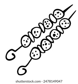 Hand drawn shashlik with grilled meat and vegetables isolated on a white background. Vector doodle illustration. Kebab, shashlik, grilled on a skewer, food meat in cartoon style.