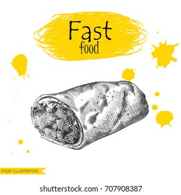 Hand drawn shawarma isolated on white background with yellow blots. Fast food sketch elements vector illustration.