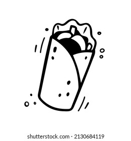 Hand drawn shawarma. Sketch of burrito twister. Fast food illustration in doodle style.