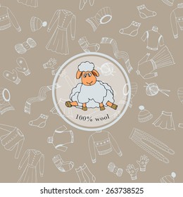 Hand drawn sheep as 100% wool logo on the clothes seamless background. Vector illustration in eps10 format.