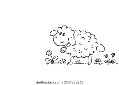 Hand drawn sheep or Easter lamb and spring flowers, black and white simple drawing