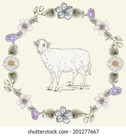 Hand drawn sheep and floral frame. Ornate colorful illustration. Vintage engraving style